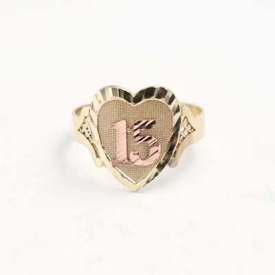 Solid 10K Gold Heart Quinceanera 15th Birthday Ring Yellow Rose gold All Sizes - Image 1 of 4