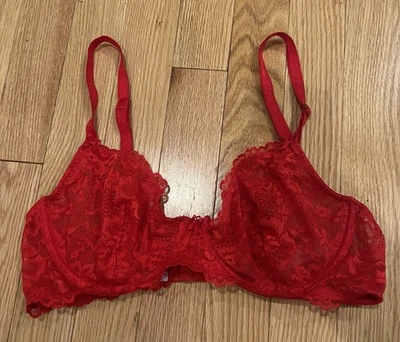 Savage X Fenty Red Lace Bralette 34C Sheer Floral Underwire Sexy Lingerie - Image 1 of 4