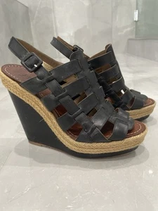 CHRISTIAN LOUBOUTIN BLACK LEATHER SLINGBACK WEDGE SANDALS EU 40 - Picture 1 of 11