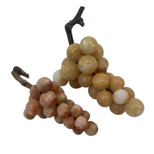 Vintage Alabaster Grapes Stone Fruit Cluster Pink Yellow Mid Century Wood Stem - Picture 1 of 8
