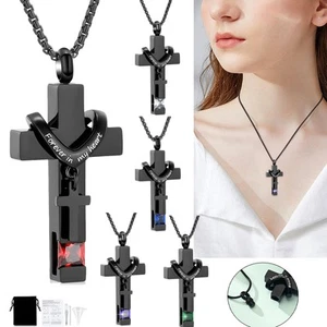 Cross Urn Necklace for Ashes Birthstone Cremation Jewelry for Women Gilr Pendant - Picture 1 of 51