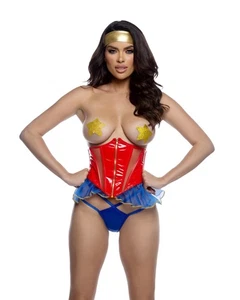 Corsé Waspie de malla de cuero rojo Wonder Woman, tanga de tanga azul, brillo dorado P - Imagen 1 de 6