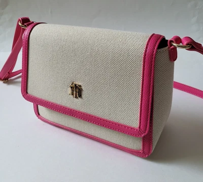 NWT Tommy Hilfiger Raffia Bag Signature Logo Flap crossbody Purse Pink Beige - Image 1 of 4