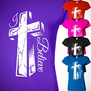 Jesus Cross Christian Believe Women's T Shirt Religious Faith Bible Gift Tee - Picture 1 of 11