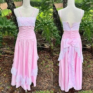 Vtg Long Dress Formal Sz 9 Union Made USA Pink Lace Southern Belle Ball Gown - Picture 1 of 10