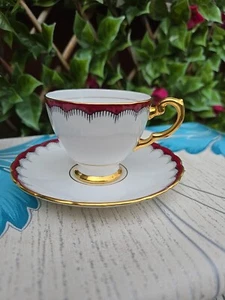 Antike Art Deco Toskanisch Gold Rot Swags Schwarze Linien Kaffeetasse & Untertasse 3xH21/2" - Bild 1 von 8