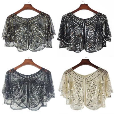 Women 1920s Bolero Flapper Cover Up Sequins Shawl Wraps Vintage Evening Cape