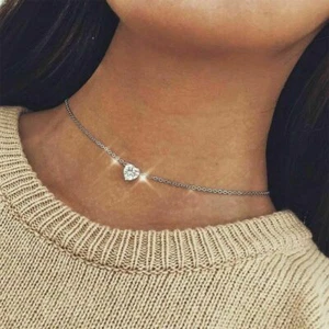 Women's Crystal Heart Necklace Pendant Short Gold Chain Choker Pendant Necklace - Picture 1 of 6