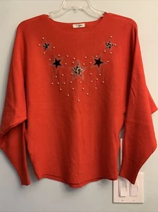 Victoria Womens Collection Holiday Red Beaded Stars Sequin Sweater Size S/M - Picture 1 of 7