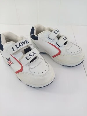 Toddler Sneakers size 9  athletic shoes Hook & Loop patriotic White Red Blue  - Image 1 of 4