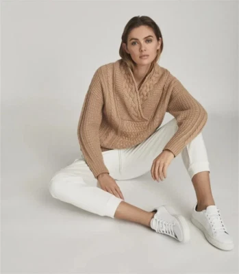 REISS "ALI" CABLE KNIT WOOL BLEND CAMEL JUMPER, SIZE S. RRP £165 - Image 1 of 4