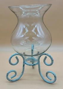 Large Hand Blown Hurrican Glass Holder w/Rustic Sky Blue Scrolled Stand - Picture 1 of 9