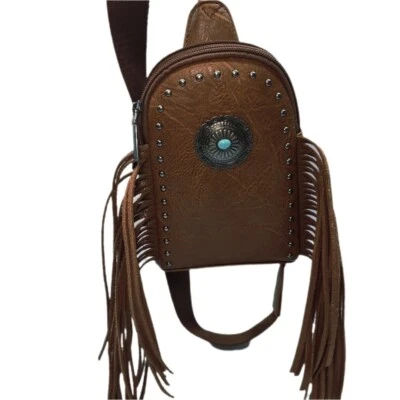 Montana West Fringe Backpack Purse Turquoise Concho Studded Small Handbag Brown - Image 1 of 4