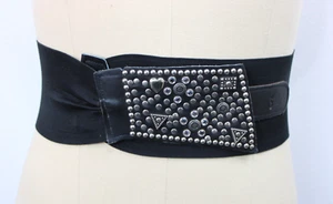 Vintage 80s Belt Sand Castle New York Studded Black Leather & Stretch Rocker - Picture 1 of 15