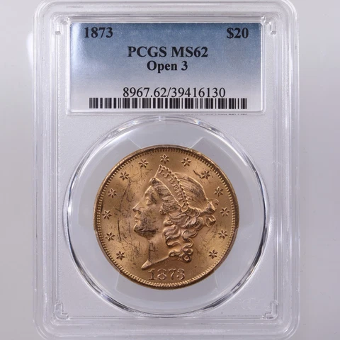 1873 Liberty $20 PCGS Certified MS 62 Open 3 Variety Graded US Gold Coin Cover