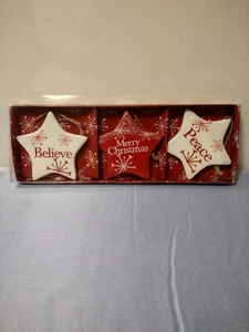 SET Of 3 STARS Ceramic Ornaments Country Christmas Believe, Peace, Merry Size 4" - Picture 1 of 3