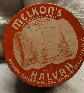 RARE Antique Melkons Halvah Tin Vintage L. I. City New York Nice Graphics Empty - Imagen 1 de 10