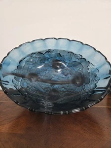 Vintage Indiana Carnival Glass Blue Harvest Fruit Footed Oval Center Bowl - Picture 1 of 3