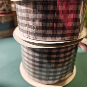 2 Rolls Expressions Gray with White Check Wired Ribbon - Picture 1 of 1