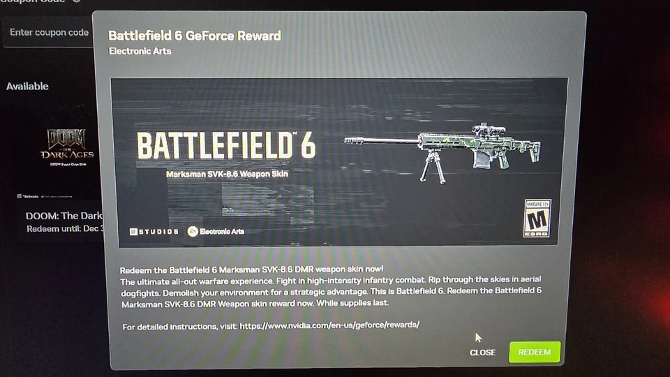 NVIDIA GeForce Reward: Battlefield 6 Marksman SVK-8.6 DMR Recubrimiento de arma RARO RÁPIDO Foto 1 de 1