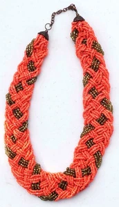 Collar Vintage Naranja y Oro Tejido Semilla Trenzado Cuentas 18" - Imagen 1 de 2