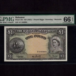 Bahamas 1 Pound 1953 P-15b * PMG Gem Unc 66 EPQ * Queen Elizabeth * - Picture 1 of 2