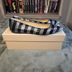 Michael Kors ARIANNA Sequin Black & Silver Stripes Pointed Toe Flats Sz 9 M - Picture 1 of 11