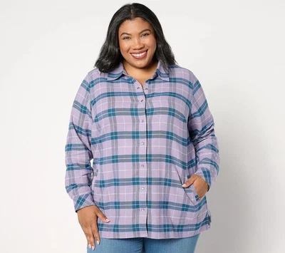 Camisa Joan Rivers regular algodão xadrez flanela encaixe frontal tamanho médio roxo empoeirado - Imagem 1 de 4