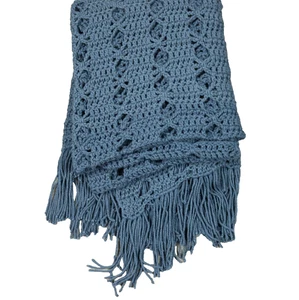 Handmade Crochet Knit Afghan Lap Throw Blanket Fringed Open Knit Blue 72x49 - Picture 1 of 12