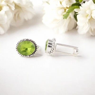 Peridot Gemstone 925 Sterling Silver Men's Jewelry Cufflinks 0.6" For Men's Suit - Image 1 of 4