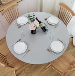 Round Fitted Vinyl Tablecloth with Elastic Edge 100% Waterproof Oil Proof (P9F) - Picture 1 of 6