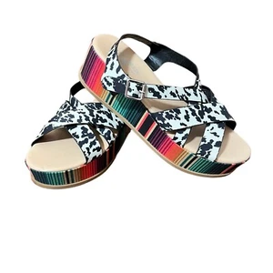Crazy Train Multicolor Cow Print Serape Colorful Platform Wedge Sandals Size 9 - Picture 1 of 12