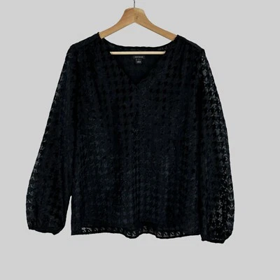 Ann Taylor Velvet Burnout Blouse Small Black Houndstooth Shirred Top Whimsygoth - Image 1 of 4