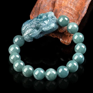 Real Grade A 100% Natural Blue Jade Jadeite Wealth Pixiu 12mm Beads Bracelet - Picture 1 of 7