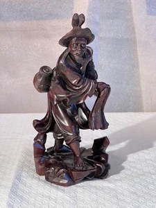 Vintage Hong Kong Rosewood Carving of Fisherman Throwing Net - Picture 1 of 11