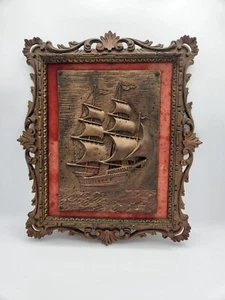Vintage kunstvoll gerahmter italienischer maritimer goldfarbener 3D Schiff Wandbehang - Bild 1 von 2