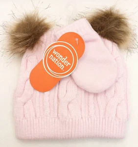 Wonder Nation Pink Faux Fur Knit Toddler Beanie Hat And Mittens Set - Picture 1 of 5