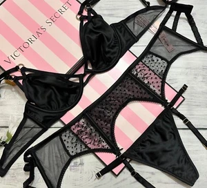 Conjunto de sujetador Victoria's Secret satinado sin forro liga 3 piezas negro - Imagen 1 de 8