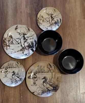 Mossy Oak Animal Print 6 Piece Dishes Black Gold Brown Duck Elk Deer Plate Bowl - Image 1 of 4