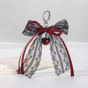 Red Ribbon Lace Bow Keychain Hollow Cherry Pendant  Women Handbag - Picture 1 of 14