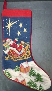 16"x6" - Vintage Needlepoint Christmas Santa, Sleigh, Village Stockings Unmarked - Picture 1 of 22