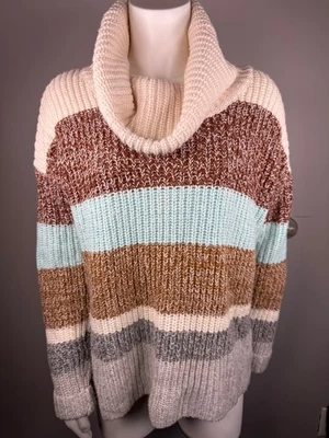 Suéter cuello capucha rayas Lands' End marrón crema mediano Foto 1 de 4