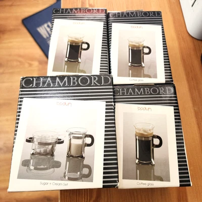 Vintage MCM Bodum Chambord Glass Sugar, Creamer, Coffee Mug Cup Set - NOS - READ - Изображение 1 из 4