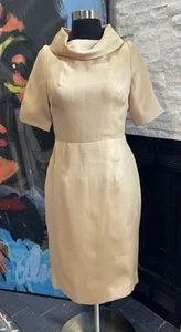 Vintage 1960s  High Collar Wiggle Pencil Tailor Made Dress Ivory Satin Dress - Picture 1 of 17