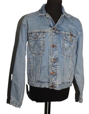 VINTAGE WRANGLER JEANS DENIM JACKET SIZE M FADED BLUE 1980'S — 第 1/4 张图片