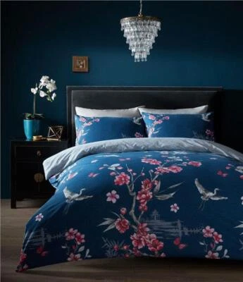 HOMEMAKER BEDDING Set piumoni fiori giapponesi copripiumone trapunta blu e federe biancheria da letto orientale