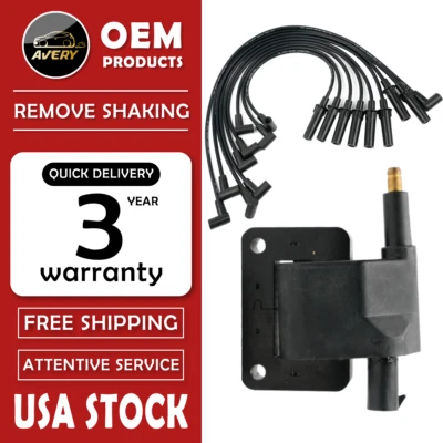Ignition Coil + Spark Plug Wires for Dodge B1500 Ram Chrysler Jeep Plymouth UF97 - Image 1 of 4