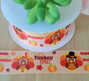 1,5" (1 Yard) Truthahn Ripsband Gobble Gobble Truthahn Kürbisse Blätter Herbst - Bild 1 von 2