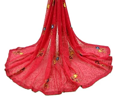 Lenços bordados à mão vintage Dupatta rosa pura seda georgette estola longa - Imagem 1 de 4
