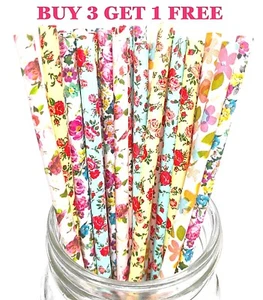 25 FLOWER FLORAL RETRO PAPER STRAWS VINTAGE PARTY DRINKING BIRTHDAY WEDDING UK - Picture 1 of 9